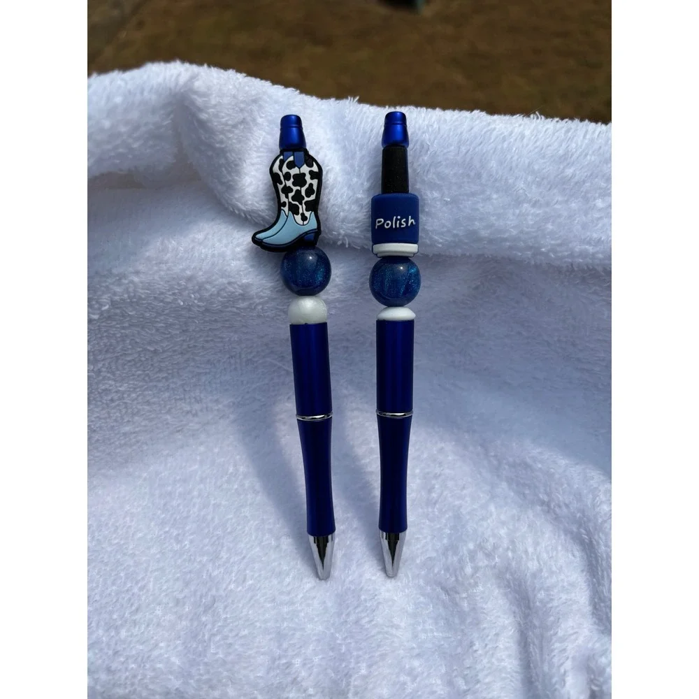 Custom Beaded Ballpoint Pen Set Blue Metallic Western Cow Print Boot Polish
